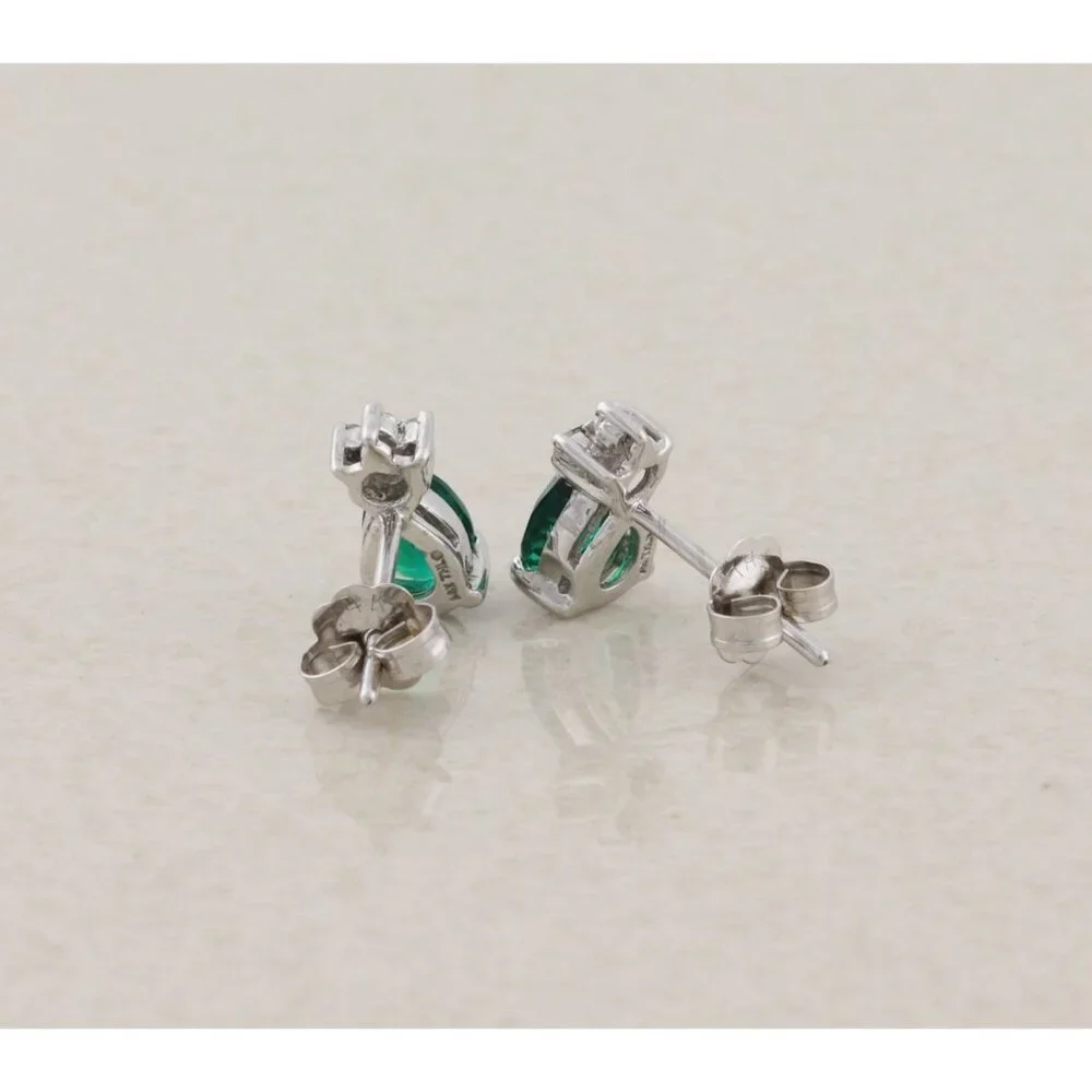 14k White Gold Lab Created Emerald & Diamond Earrings Stud Post Earrings 3/8" - Picture 5 of 9